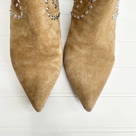 Saint Laurent Cat Ankle Bootie 50 Tan Suede Studded Heels Western Kitten - Picture 7 of 14